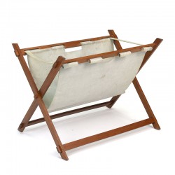 Danish vintage newspaper rack with suede and teak