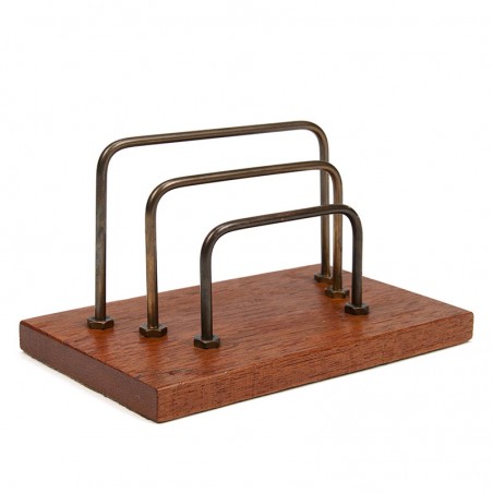 Teak vintage letter holder with brass brackets