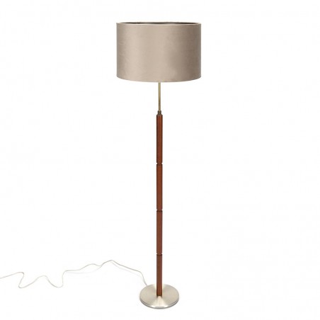 Vintage Deense teakhouten vloerlamp met grijze velours kap