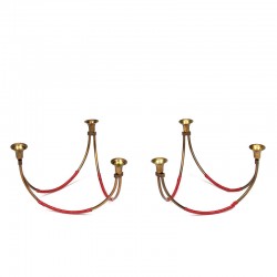 Set van 2 vintage messing kandelaars met rood detail