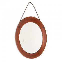 Round small model vintage Danish mirror on leather cord