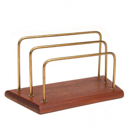 Letter holder with brass brackets, vintage model in teak